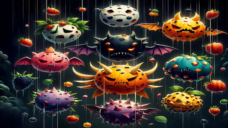 um close de um monte de frutas e monstros pendurados em cordas, Estilo de Jeff Soto, monstro da fruta, Direction: Justin Gerard, full art illustration, design de personagem de monstro fofo, arte digital detalhada fofa, Epic 3D illustrations, Dan McPharlin ...