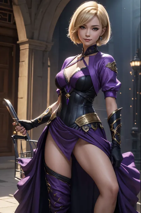 8K,Smiling blonde short bob hair,Super beautiful(like the real thing),Arafed woman wearing a purple and black dress holding a shopping cart, super detailed fantasy characterss, 3d rendering character art 8k, types of bacteria ; 3d unreal engine, fantasy co...