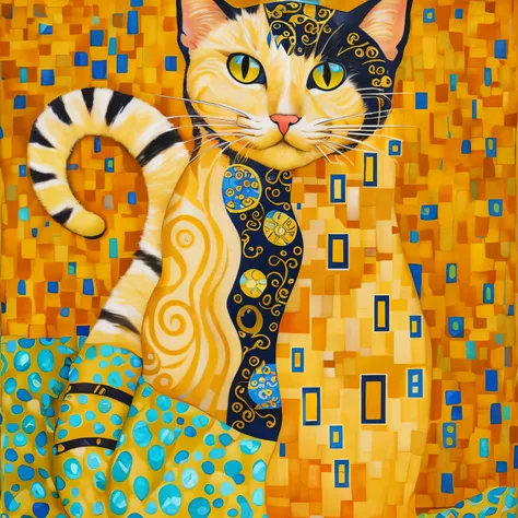 pintura de um gato com cauda listrada em preto e branco, gato elegante, a pintura de um gato, Arte caprichosa, in a pintura de um gato, Shapeshifter de cavalo-marinho gato, Direction: Laurel Burch, pintura de um gato, Direction: Nina Petrovna Valetova, Est...