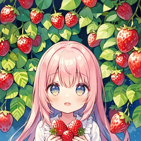 In a watercolor animation scene, the screen is filled with so many delicately sparkling strawberrys. At the bottom center of the image is a cute anime girl looking up at strawberrys in awe. His face is full of excitement and surprise. Anime girls have an a...