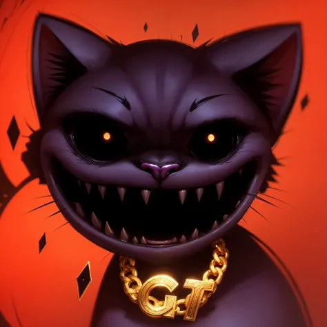 Distorted fantasy letters, Symmetrical,  (Gold bars ), diamonds, gold chain,a close up of a cartoon cat with a big smile on its face, black smile, black eyes, eyes without pupils,No teeth, grinning sinisterly, grinning lasciviously, unsettling grin, evil g...