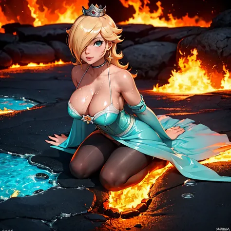 Rosalina, Hot cleavage, frontal view of the tits, Tits in close-up, hot provocative tits, very hot cleavage, only her, 1 girl, titfuck pose, titfuck position, titfuck view, blue corset, crown, full body, crown visible, covered nipples, sweet smile, into th...