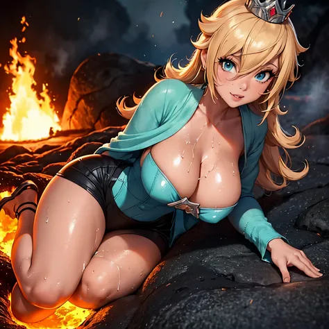 Rosalina, Hot cleavage, frontal view of the tits, Tits in close-up, hot provocative tits, very hot cleavage, only her, 1 girl, titfuck pose, titfuck position, titfuck view, blue corset, crown, full body, crown visible, covered nipples, sweet smile, into th...