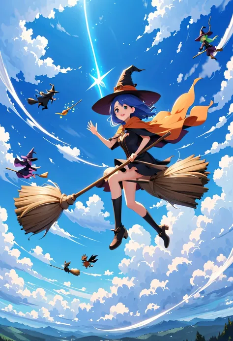 Bright blue sky,beautiful clouds,There is a sky witch flying in the clouds on a magic broom,Various witches are chasing her in the background,Beautiful sky witch riding magic broom