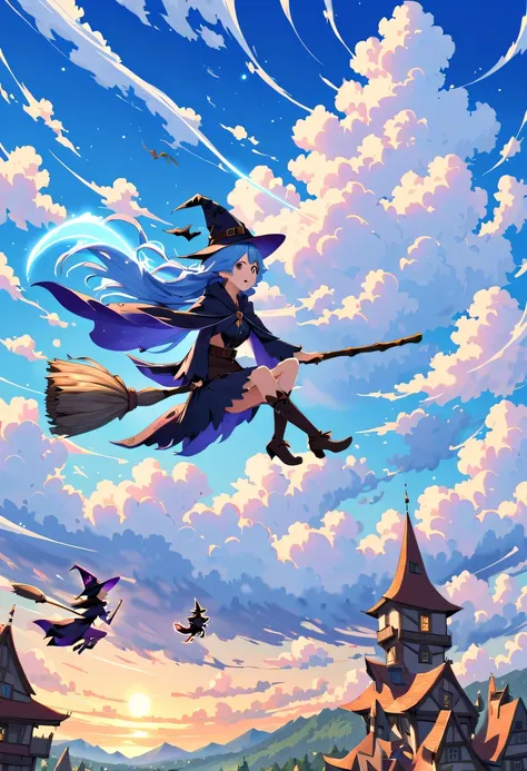 bright blue sky，beautiful clouds，there is a sky witch flying in the clouds on a magic broom，various witches are chasing her in t...