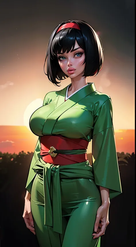 ((Dynamic view)), (((1girl:1.8))), ((short hair:1.3)),  style, ((dark hair:1.4)), anime style, (((Erika))) (((black hair:1.6))) (((smoldering eyes))), ((kimono band around waist:1.5)), ((bright light:1.5)), 8k, 4k, Unreal Engine 5, octane render, ((giganti...