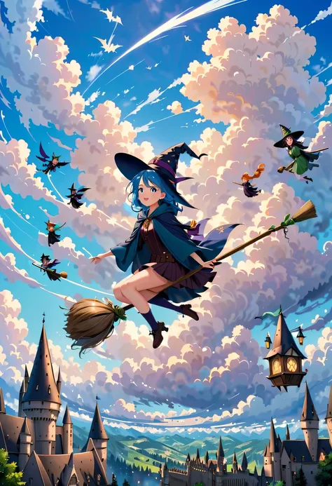 Bright blue sky,beautiful clouds,There is a sky witch flying in the clouds on a magic broom,Various witches are chasing her in the background,Hogwarts,Beautiful sky witch riding magic broom
