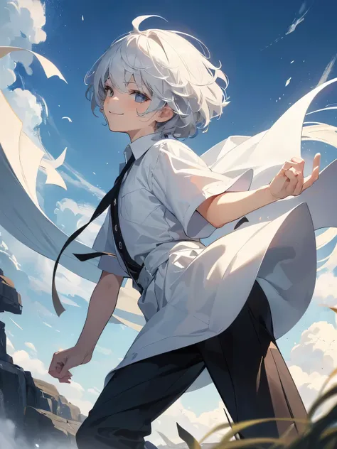 (​masterpiece、top-quality、hightquality)、1 juvenile、14-year-old boy、(A smile))Look at viewers、white hair、straight、fluffy hair、grey eyes、White shirt、Black pants、dynamic ungle、Lateral face、profile、Angled angles、blows wind,  Grey curvado horn