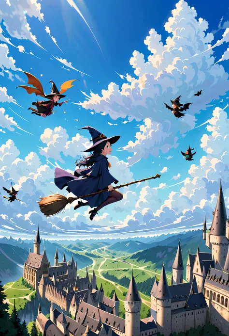 Bright blue sky,beautiful clouds,There is a sky witch flying in the clouds on a magic broom,Various witches are chasing her in the background,Hogwarts,
