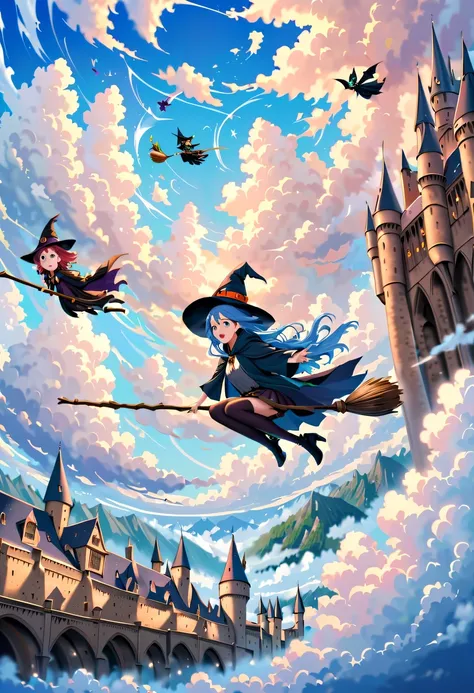 bright blue sky，beautiful clouds，there is a sky witch flying in the clouds on a magic broom，various witches are chasing her in t...