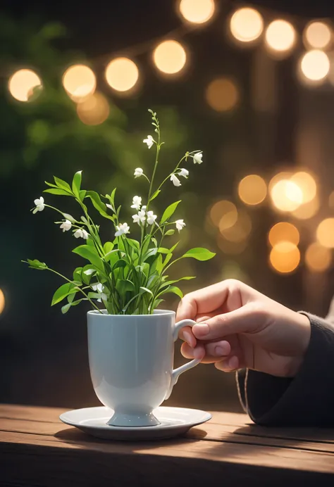 There is a white vase on the wooden table，There are violets on it、Japanese Sweet Pea Flower、chopped white onion .apple.Best Essay(best quality,4K,8k,high resolution,masterpiece:1.2),super detailed窗外有人戴著羊毛手套.Holding a cup of tea((Close-up hand holding cup))...