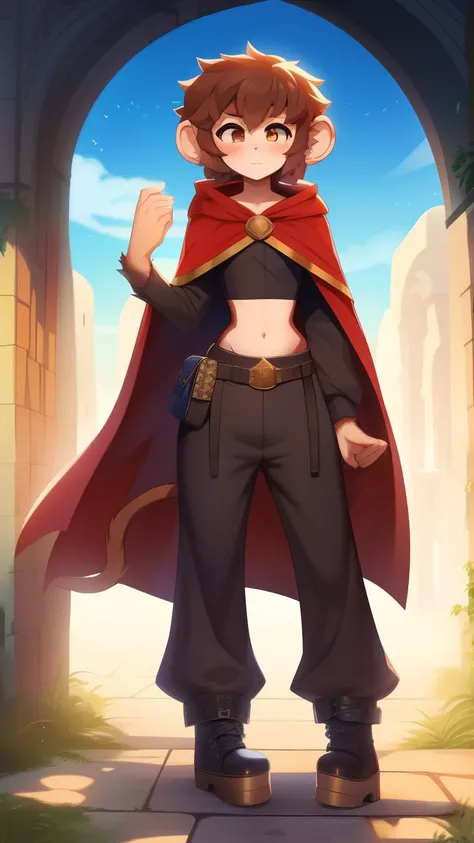 Best quality, Super detailed illustration, (1 boy:1.2), (fluffy monkey:1.4) , feminine face and body, disheveled thick hair, baggy pants, ankle boots, Cloak, Waist bag, baggy sweater, playful emotion, Femboy, small waist, wide hips, Slim, perfect body, don...