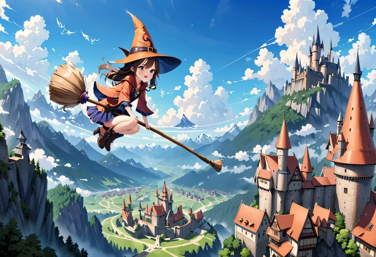 hogwarts,3 sky witches sitting on magic broomsticks,put on a wizard hat,on a bright afternoon，(two sky witches racing on magic b...