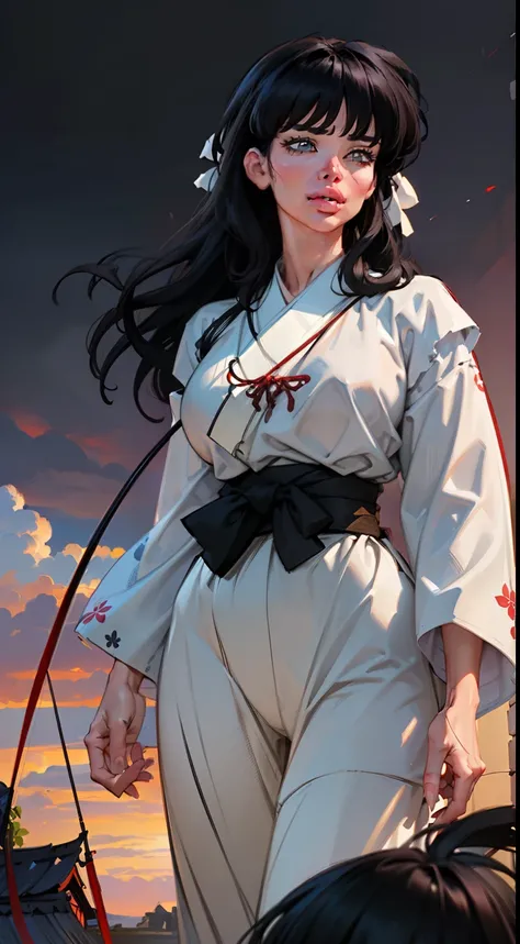 ((Dynamic view)), (((1girl:1.8))), ((long hair:1.3)),  style, ((hair bangs:1.4)), anime style, (((kikyo))) (((black hair:1.6))) (((smoldering eyes))), ((kimono band around waist:1.5)), ((bow and arrow on back)), 8k, 4k, Unreal Engine 5, octane render, ((gi...