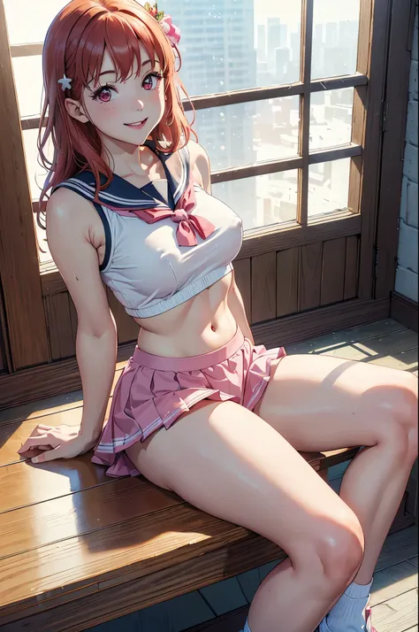 (best quality,4k,8k,highres,masterpiece:1.2), ultra-detailed, on knees, sitting,arms behind back,takami chika, sailor top, school skirt, midriff, slightly excited and smile, sleeveless, thighs, cowboy shot, hair ornament, random pose,(transparent disappear...