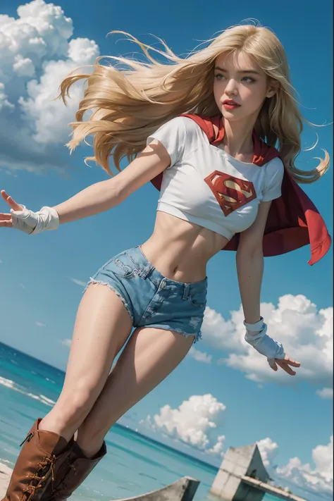 supergirl,1girl,long blonde hair,hair band,white crop top,dolphin shorts, whitegloves,boots, floating in the clouds, large breas...