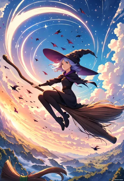 daytime，clear sky，Army of witches riding magic broomsticks，Fly in the sky，(flying on the broom:1.5)，(many witches:1.4)，Epic surreal magic，epic magic fantasy，Epic fairy tale fantasy，Witch flying in the sky on a broomstick, many sky witches, amazing wallpape...