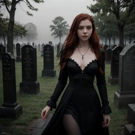 arafed woman in a black dress with short messy wavy red hair and a necklace, promotional still, anya taylor - joy vampire queen, artstyle tom bagshaw, beautiful female vampire, carmilla vampire, portrait of a young witch, vampire fashion, samara weaving va...