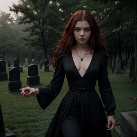 arafed woman in a black dress with short messy wavy red hair and a necklace, promotional still, anya taylor - joy vampire queen, artstyle tom bagshaw, beautiful female vampire, carmilla vampire, portrait of a young witch, vampire fashion, samara weaving va...