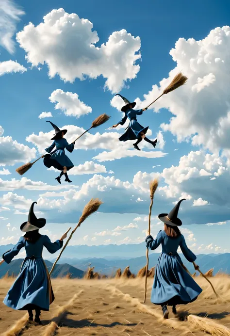 On a bright afternoon,Several sky witches race on broomsticks under the blue sky。They travel among the clouds,Intense competition,Chase each other。The background is the vast sky and distant mountains,Gives people a feeling of flying。
