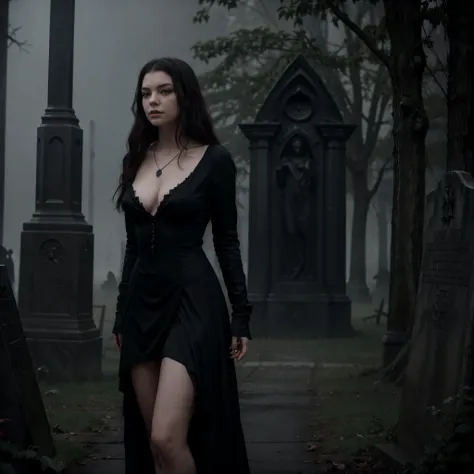 arafed woman in a black dress with short messy wavy black hair and a necklace, promotional still, anya taylor - joy vampire queen, artstyle tom bagshaw, beautiful female vampire, carmilla vampire, portrait of a young witch, vampire fashion, samara weaving ...