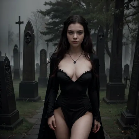 arafed woman in a black dress with short messy wavy black hair and a necklace, promotional still, anya taylor - joy vampire queen, artstyle tom bagshaw, beautiful female vampire, carmilla vampire, portrait of a young witch, vampire fashion, samara weaving ...