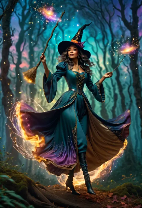 charming witch flying on a magic broom, surrounded by colorful clouds, illuminated by golden moonlight, cast a spell with sparkl...