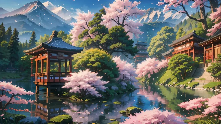 beautiful shrine landscape, cherry blossoms, pines, anime background art, japan art style, beautiful anime scene, detailed scene...