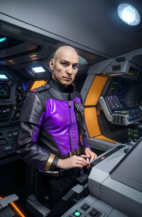 there is a bald man in a purple and black uniform standing in a spaceship, futuristic starship crew member, admiral, bald officer, picard on starboard, sci - fi pilot, engineer, wolf pilot, in a spaceship cockpit, 3d ray traced, hound, anthropomorphic pilo...