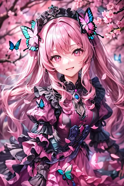 masterpiece, highest quality,(figure:1.0), 1 girl, (Gothic Lolita:1.2), (Black big wings:1.3), (((bioluminescence照明, pink light:1.5 ,pink lighting:1.5, shades of pink:1.5))), (Dark pupils:1.4), Glowing with black eyes, The sparkle of black hair:1.5, Cherry...