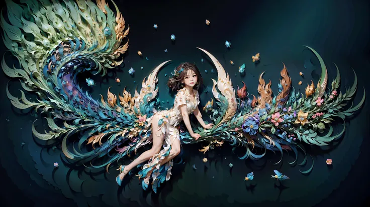 （Masterpiece，highest priority，best quality，official art，beauty and beauty：1.2），（1 girl, ），（translucent colored wings：1.1），（colorful dress：1.1）（fractal art：1.1），The most detailed，full body, (abstract background:1.3), (Shiny skin), (many colors:1.4), ,(earri...