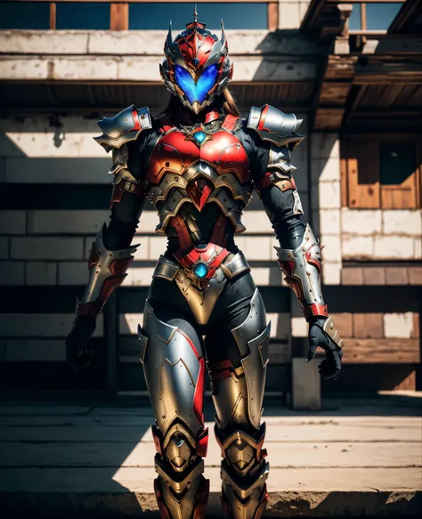 A woman adorned in fantasy-style full-body armor, a crown-concept fully enclosed helmet that unveils only her eyes, a composite layered chest plate, fully encompassing shoulder and hand guards, a lightweight waist armor, form-fitting shin guards, the overa...