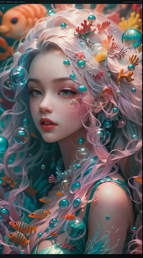 ModelShoot style, (Extremely detailed Cg Unity 8K wallpaper), A chaotic storm of intricate liquid smoke in the head, Stylized abstract photo of mermaid girl, wetted skin,Clownfish，Beautiful clownfish，Schools of clownfish with oddly shaped corals，ocean floo...