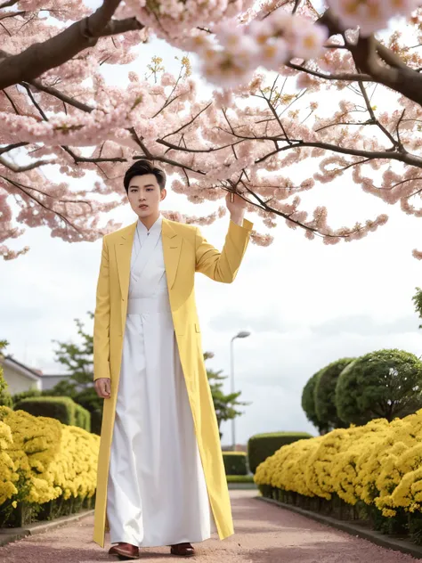 A man in yellow Vietnamese longdress, standing in cherry blossoms garden, 