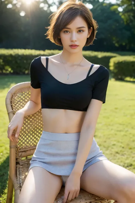 ((top-quality、8K、​masterpiece: 1.erfect Body Beauty: 1.4、Slender Abs: 1.2、Beautiful woman with slender abs:1.3、(Highlight Haircutreast B Cup:1.2), medium breast, round shape breast, perfect shape breast, ((white underwear))) ((( black skirt and wide neck t...