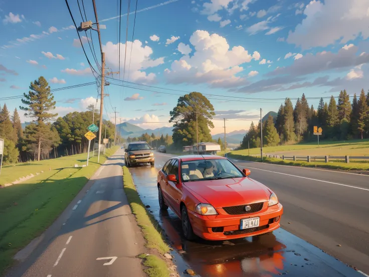 driving along a scenic mountain road, montanhas ao fundo, desfoque de movimento, cinematographic, sunset, hdr,