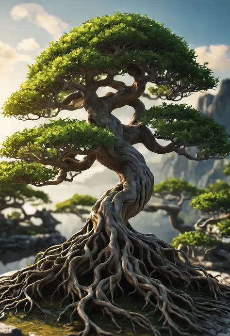 An old, majestic bonsai tree with an intricate system of smaller roots that extend into the ground, reminiscent of the roots of a mangrove tree. (best quality,4k,8k,highres,masterpiece:1.2),ultra-detailed,(realistic,photorealistic,photo-realistic:1.37),HDR...