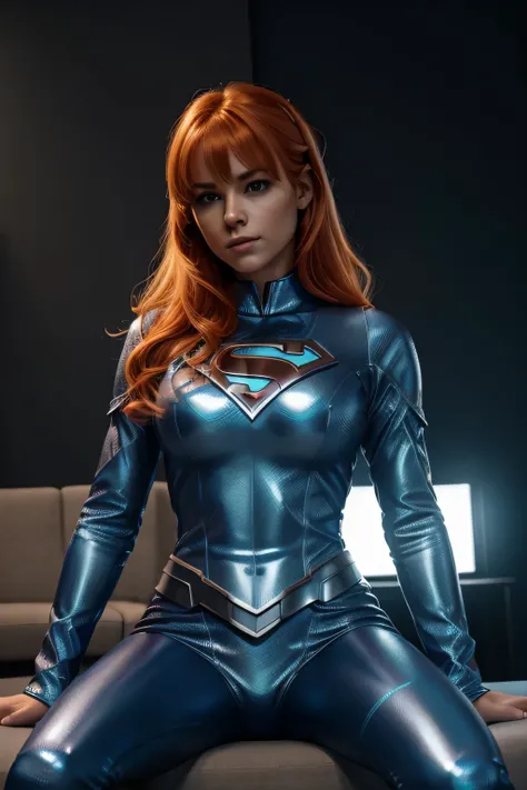 (Extreme Detail CG Unity 8K wallpaper, masterpiece, highest quality), (Exquisite lighting and shadow, highly dramatic picture, Cinematic lens effect), an orange-haired girl in a very sexy ice-blue super-girl costume, silver gray hair color, from the Super-...