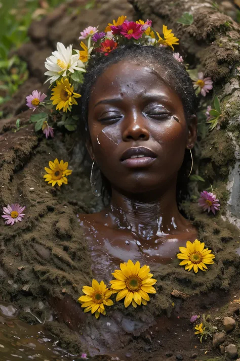 A body of a dead African woman, dark skin, partly fermented body, melting, merging into the mud, wild flowers, full of detail and texture. Its awful and beautiful at the same time. 