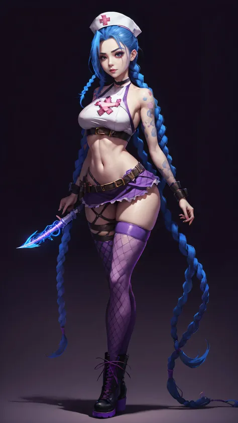 Jinx nurse，nurse hat，(White nurse costume)，Rose tattoo，big laughter，Blue twist braid，With a huge needle，The needle stands taller than a person。Runaway ，League of Legends ，de cuerpo completo，(kneehigh boots)),purpleish color，(fishnet leggings),(standing on ...