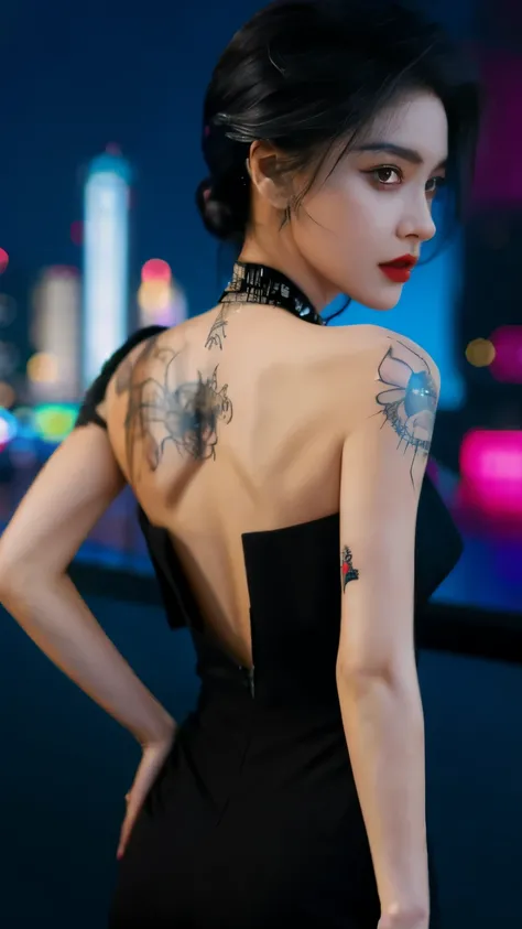highest quality,masterpiece,8K, Beautiful woman,(Topless),spider tattoo on back,Black slacks,female mafia,cyberpunk city,night,looking back at me