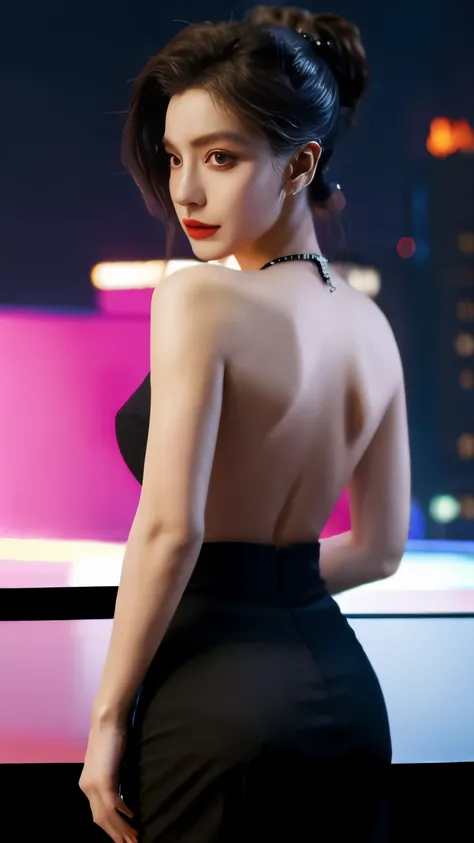 highest quality，masterpiece，8K, Beautiful woman，(Topless)，spider tattoo on back，Black slacks，female mafia，cyberpunk city，night，looking back at me