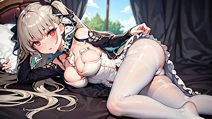 formidable_default, dress_default, full body, ass focus, lying, on side, looking at viewer, sky, blush, parted lips, ass, cameltoe, white pantyhose, no shoes, indoors, on bed
