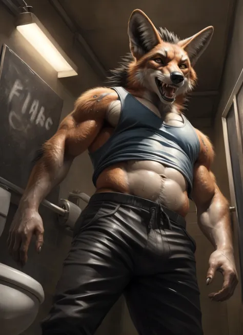 masterpiece,best quality,(front view),(worm eyes view),worm eye perspective, low angle,kemono, anthro (maned wolf), male, (maned wolf), restroom,urinals,brown body,white belly,delicate eyes,stained top tank,black board short,(pants half off))),yellowing fu...