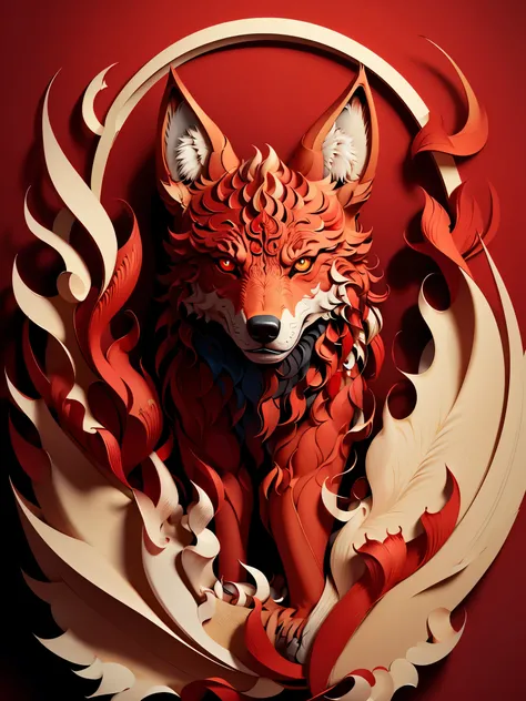 ((Masterpiece))), Best Quality, Realistic scary wolf with glowing eyes looking directly at you, very cool details vector art(Symbol), paper_cut, (brick red background: 1.1)