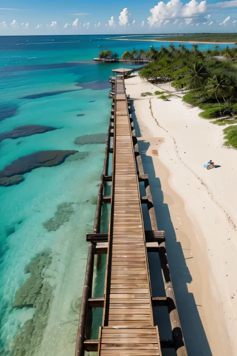 The picture taken from directly above an isolated tropical island, a wooden jetty leads from the beach into the sea