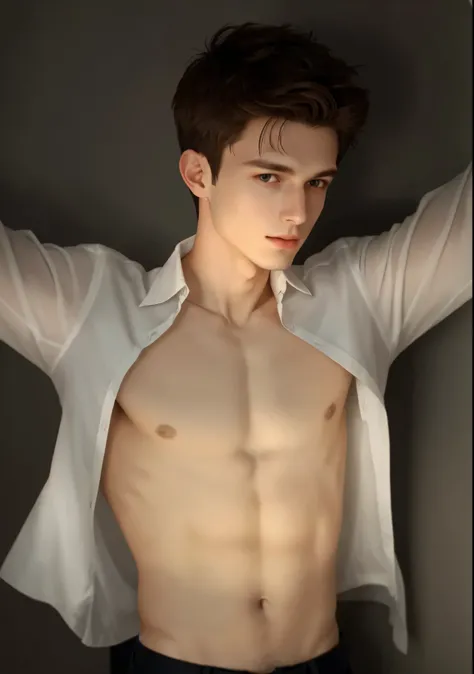 man, european, 25 years old, brown hair, white shirt, open shirt, unbuttoned shirt, t pose, arms stretched, twink, warm light, neutral expression