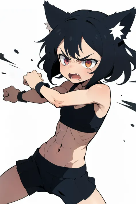 (superflat, flat shading, flat colors), girl, little kid, 10yo, lolis, flat chest, slim, skinny, sports bra, fighting pose, angry, aggressive, emotional, dynamic pose, motion effect, (cat ears), white background, vibrant colors, bright,