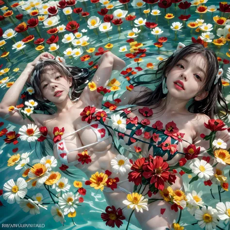 (Full of colorful flowers, White and Red, ((Overhead shot, Top view))), (Acutance:0.85), ((NSFW:-0.95)), (Exposed:1.1), (((nipple:-0.99))) . ((6 girls laying in a pool filled with flower:1.25)), { (Full of flowers covering and surrounding girls body:1.2) |...