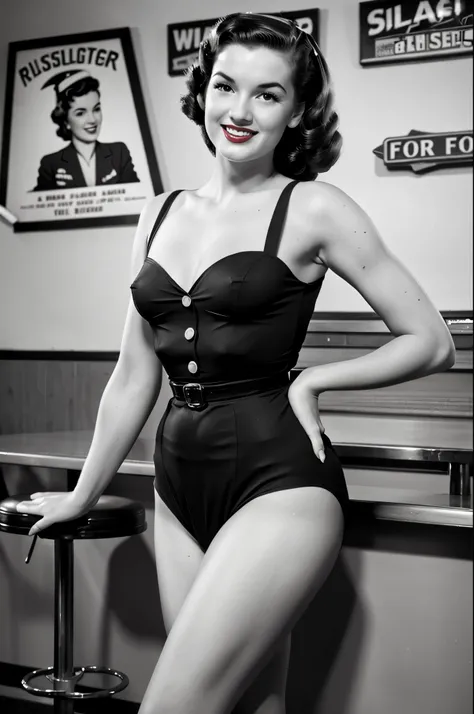 Impressive wartime pin-up girl images, Dressed in retro costumes, Pose gracefully in a nostalgic 1940s bar. Black and white images add a vintage feel to the scene, Capturing the essence of iconic pin-up art and vintage aesthetics of the time.